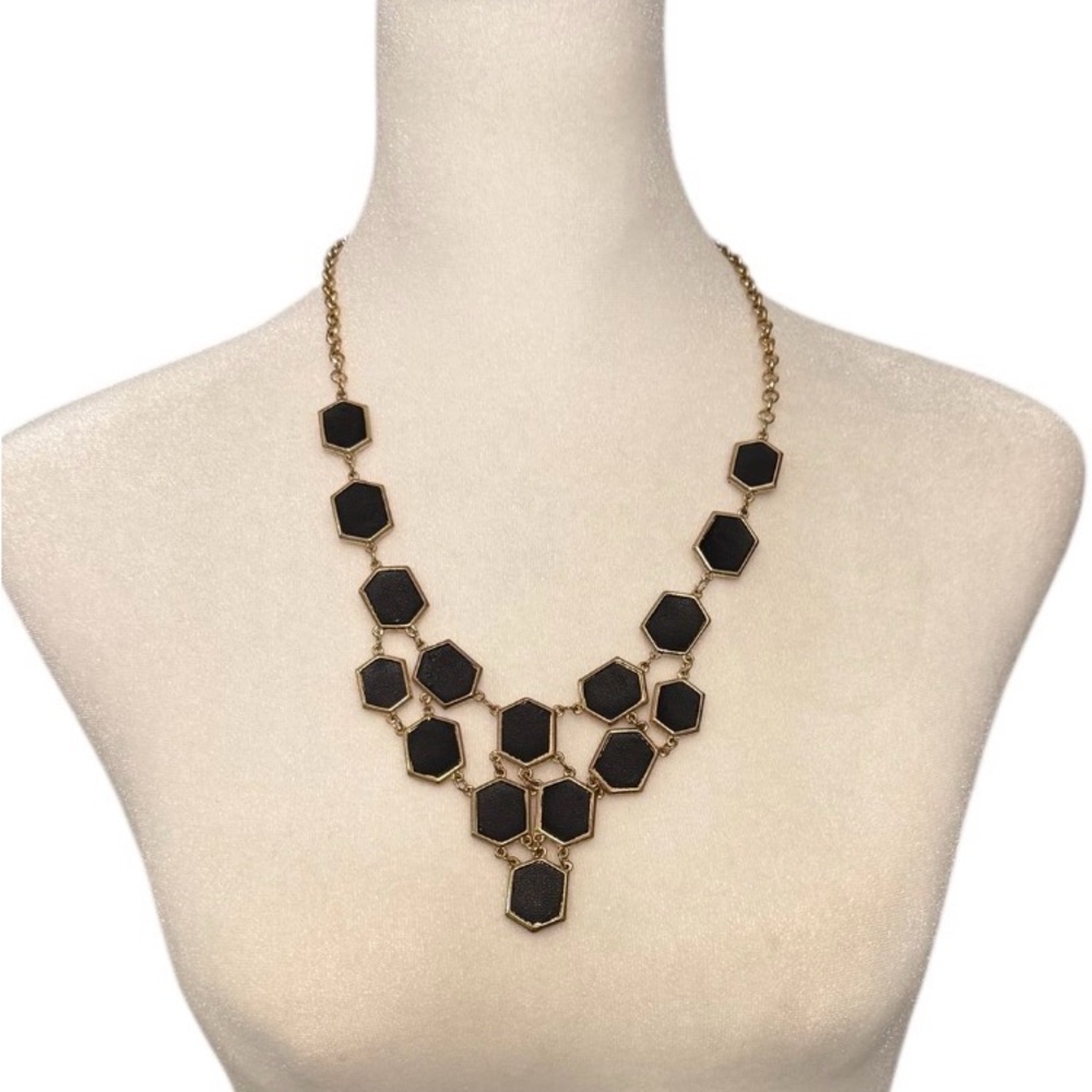 #635 Ali Khan New York Black Hexagon Statement Necklace -Gold Tone